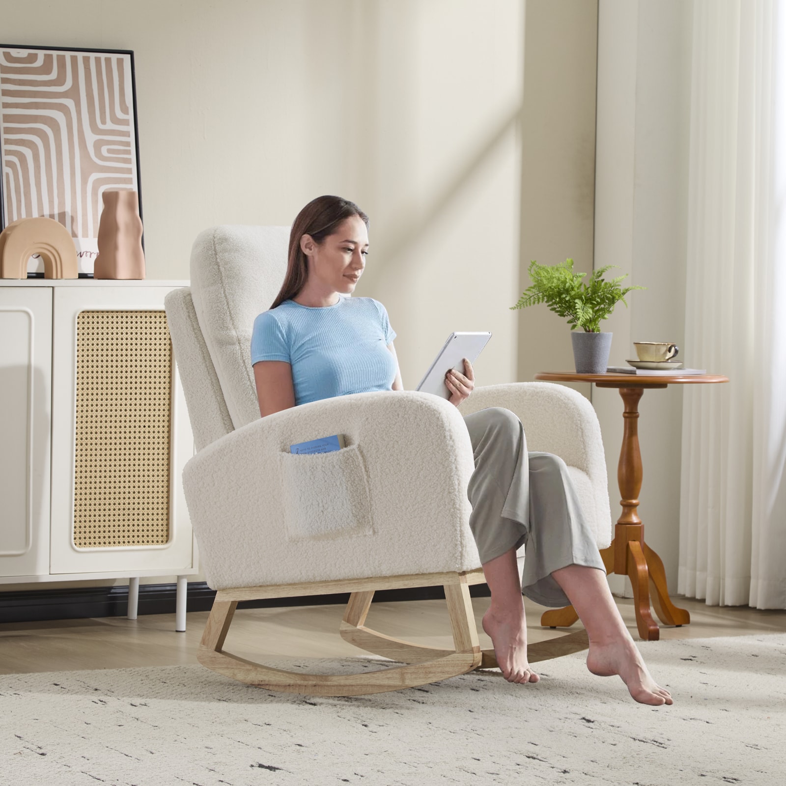 Modern Accent Rocking Chair Rocking Chair With Solid Wood Legs, Upholstered Nursery Glider Rocker, Comfy Armchair With Side Pocket, Living Room Lounge Arm Chair With High Backrest (White,teddy)_voghion.com